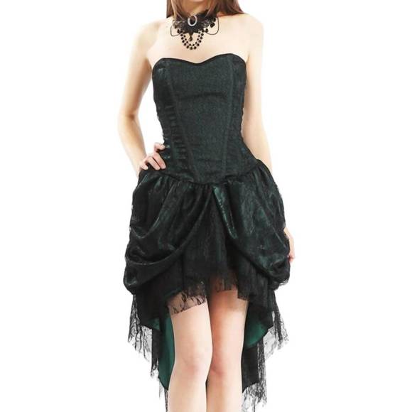 NEW PENTAGRAMME lace overlay strapless bustle dress in green and black - Picture 1 of 2